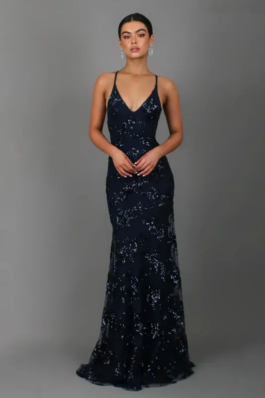 Women's Sequin Mermaid Maxi Dress - Deep V-Neck with Open Back Lace-Up and Fishtail Hem made by Northstyle Fashion