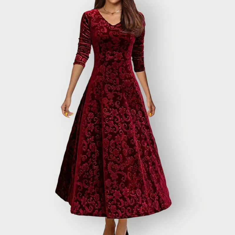 Women's Embossed Velvet Midi Dress with V-Neck made by Northstyle Fashion