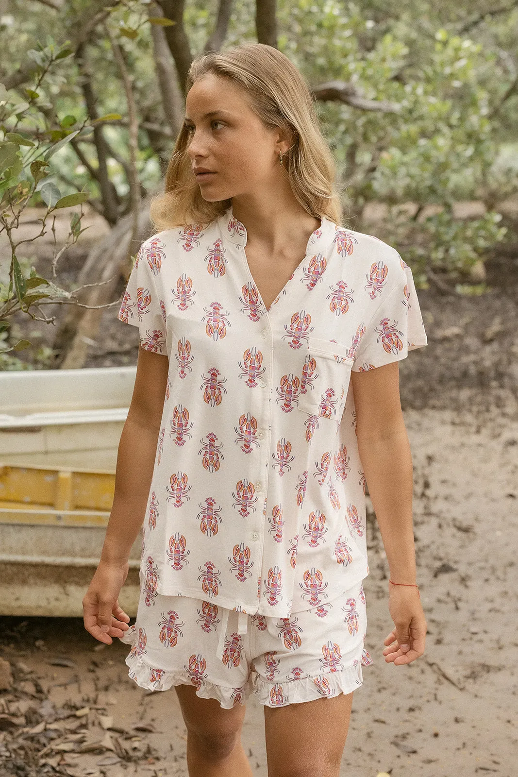 Ladies Mandarin Collar Short Set - LOBSTER sold by Bambi and Birdie