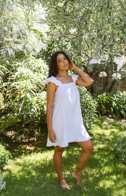 Ladies Linen Ruffled Dress - WHITE sold by Bambi and Birdie