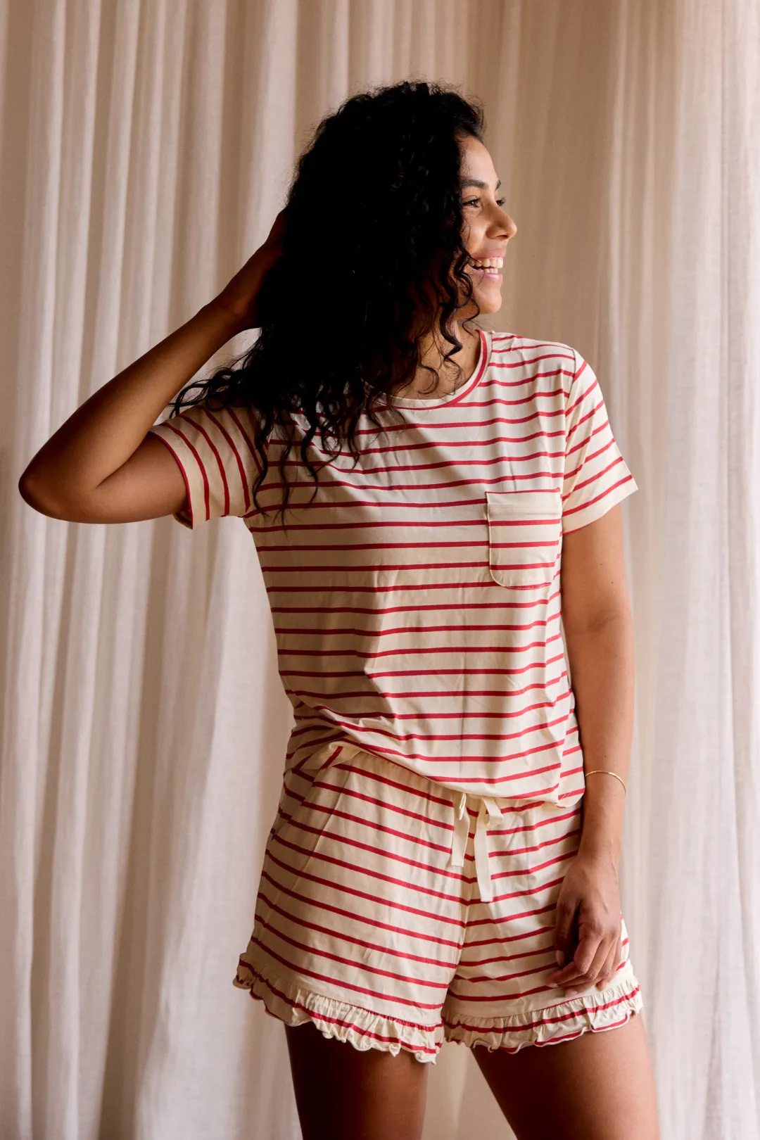 Ladies Ruffled Short Set - RED STRIPE sold by Bambi and Birdie product image thumbnail 2
