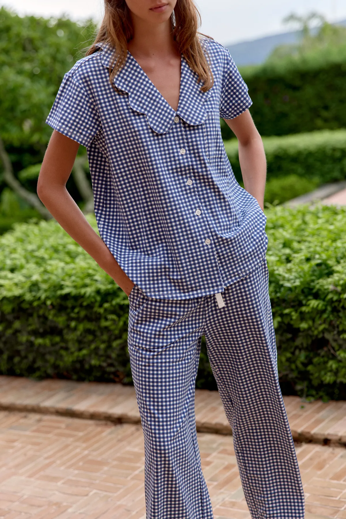 Ladies Scalloped Collared Pant Set - NAVY GINGHAM sold by Bambi and Birdie product image thumbnail 2