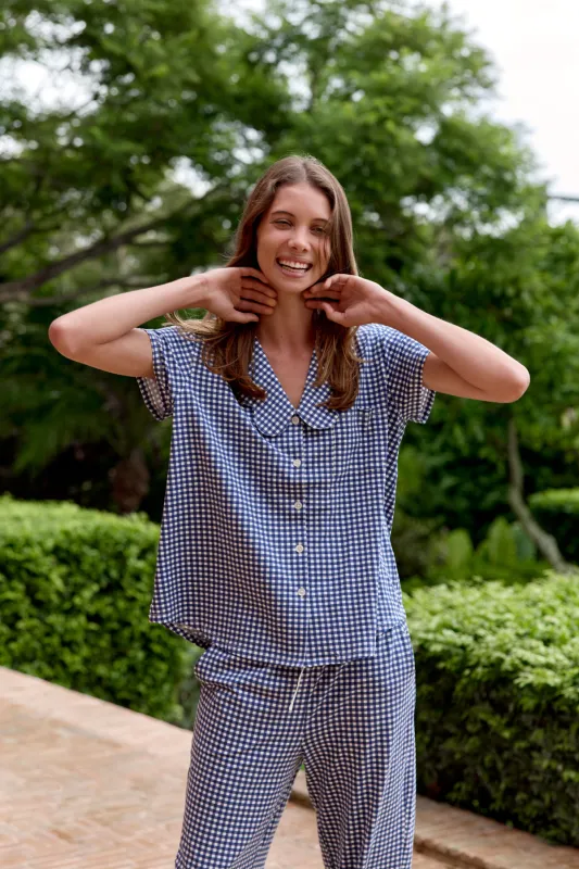 Ladies Scalloped Collared Pant Set - NAVY GINGHAM made by Bambi and Birdie