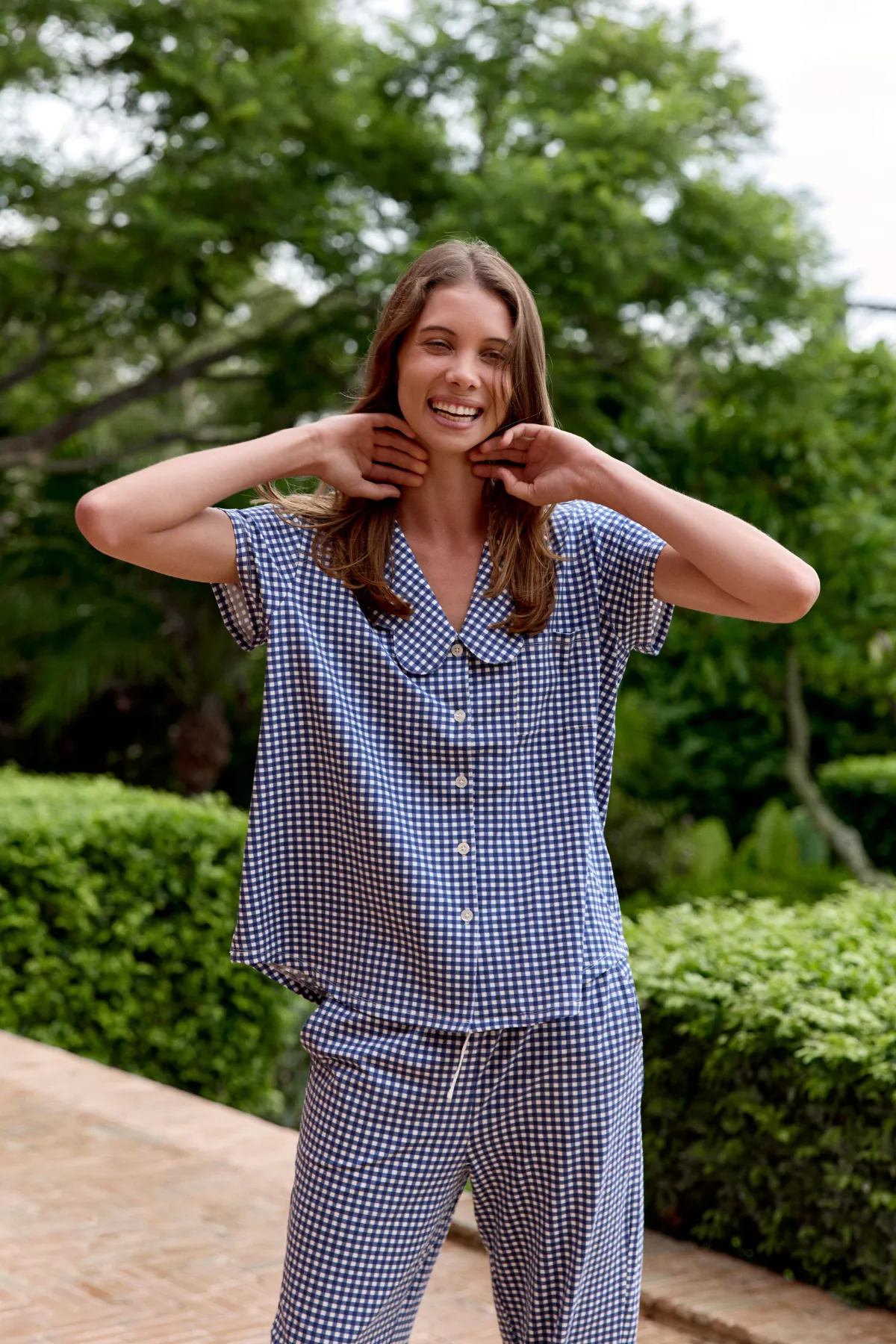 Ladies Scalloped Collared Pant Set - NAVY GINGHAM sold by Bambi and Birdie