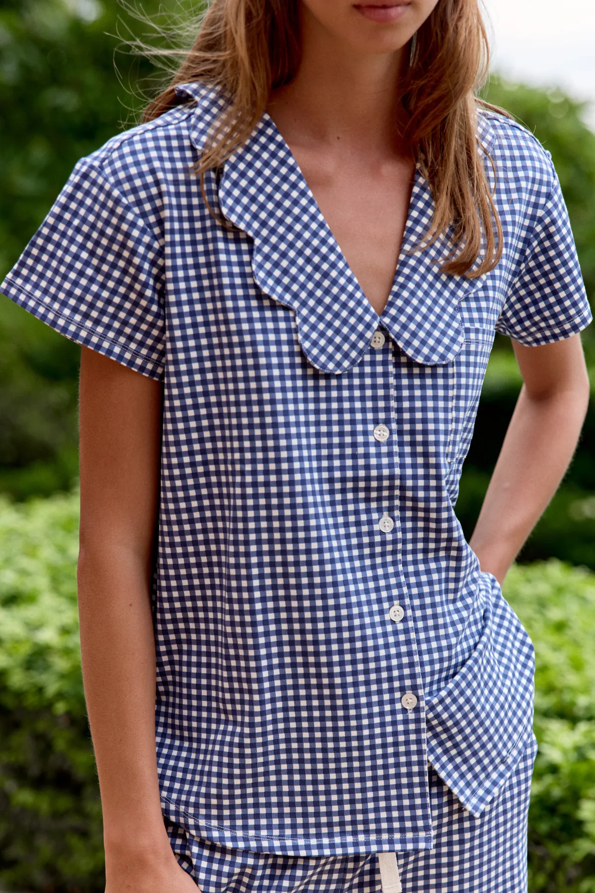 Ladies Scalloped Collared Pant Set - NAVY GINGHAM sold by Bambi and Birdie product image thumbnail 4