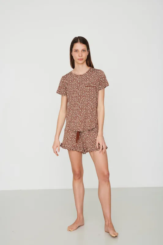 Ladies Ruffled Short Set - BROWN FLORAL made by Bambi and Birdie