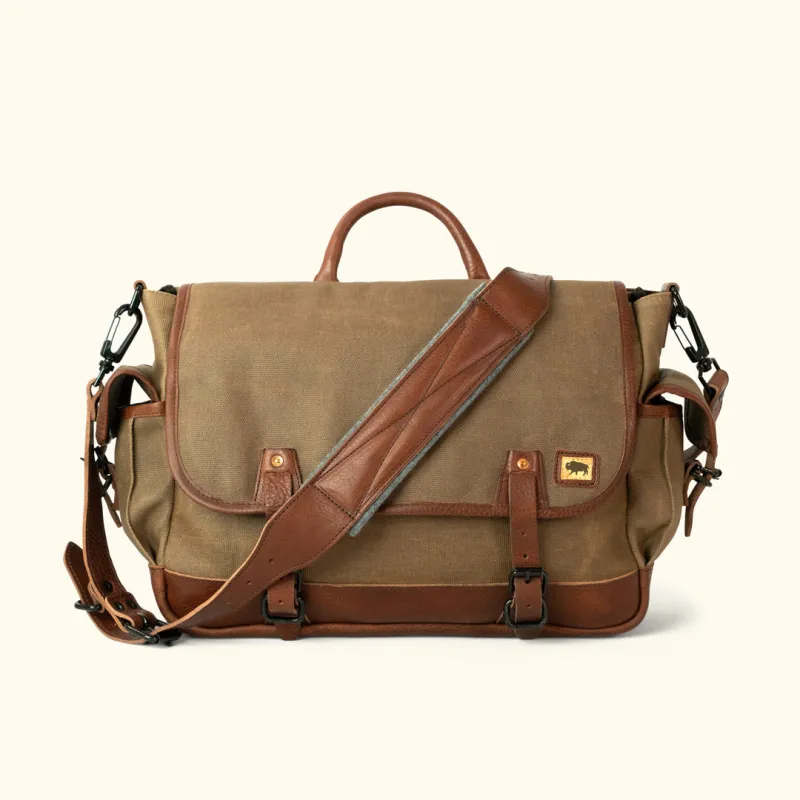 Dakota Waxed Canvas Messenger Bag | Field Khaki w/ Chestnut Brown Leather sold by Buffalo Jackson