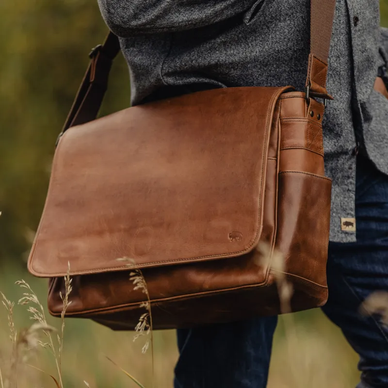 Roosevelt Buffalo Leather Satchel Messenger Bag - Large | Amber Brown sold by Buffalo Jackson