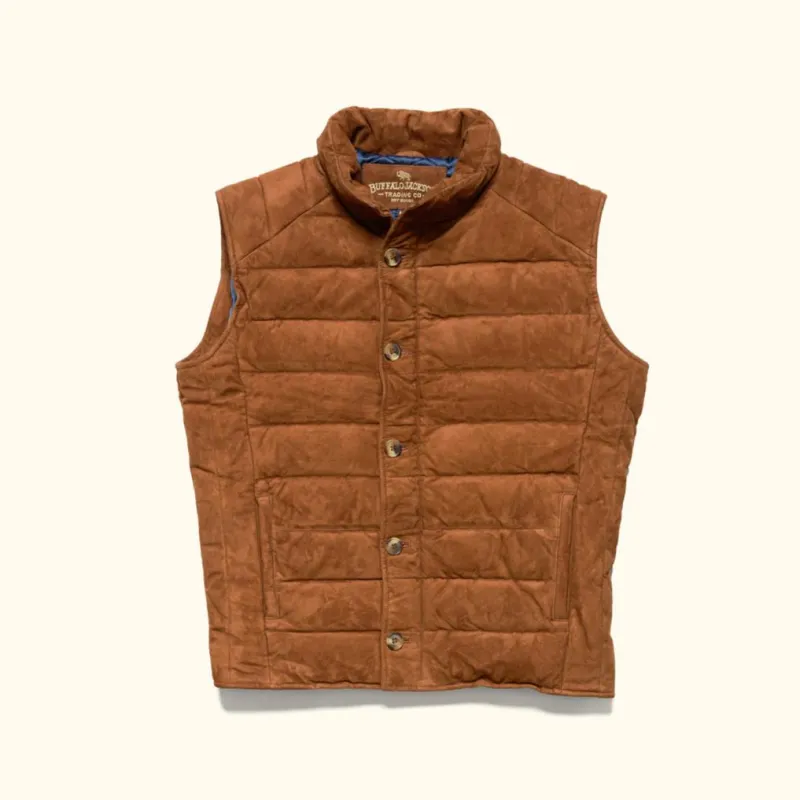 Jackson Suede Leather Down Vest | Caramel sold by Buffalo Jackson