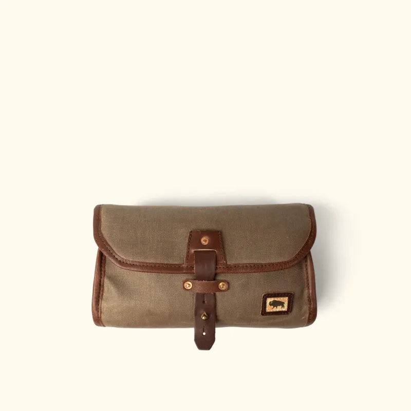Dakota Waxed Canvas Hanging Toiletry Bag/Dopp Kit | Field Khaki w/ Chestnut Brown Leather sold by Buffalo Jackson