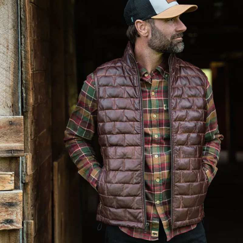 Teton Leather Light Down Vest | Mahogany Brown sold by Buffalo Jackson