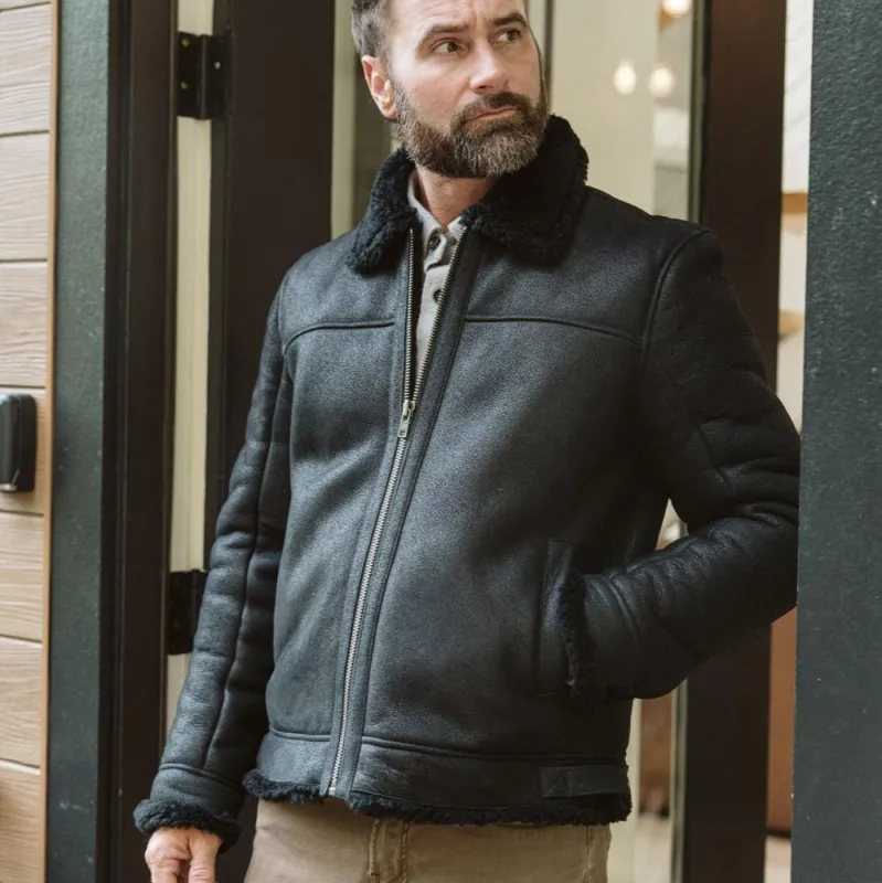 Shearling Leather Bomber Jacket | Black sold by Buffalo Jackson