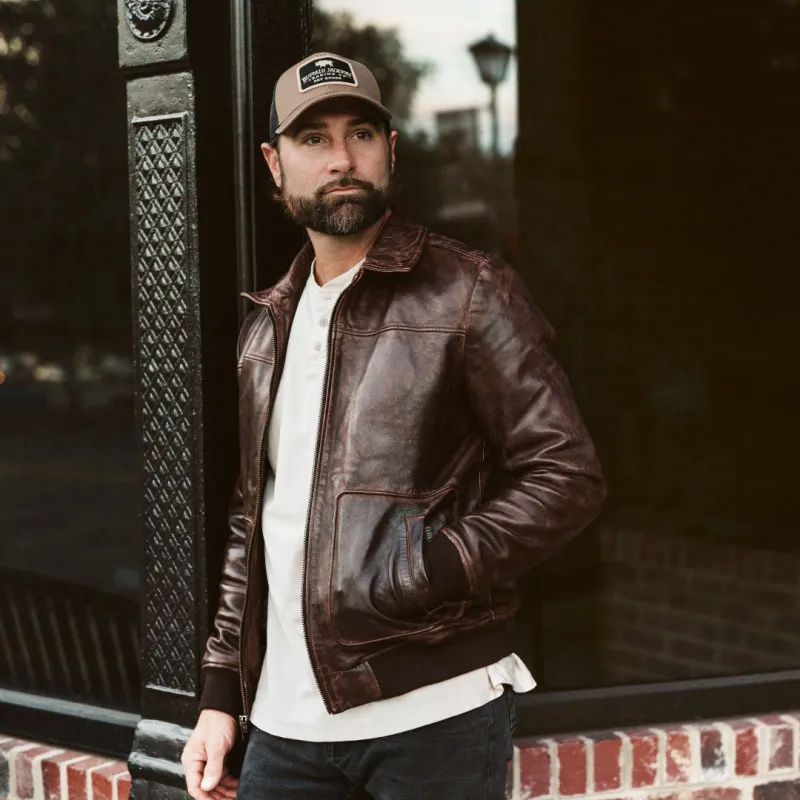Maverick Leather Bomber Jacket | Distressed Brown sold by Buffalo Jackson