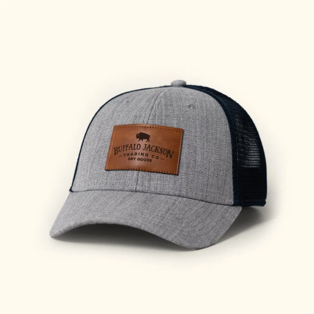 Trucker Leather Patch Hat | Heather Gray and Navy sold by Buffalo Jackson