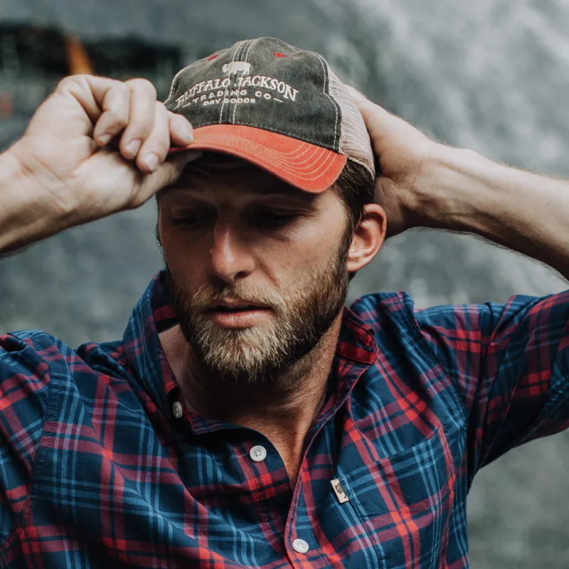 Buffalo Jackson Vintage Trucker Hat | Red and Black sold by Buffalo Jackson