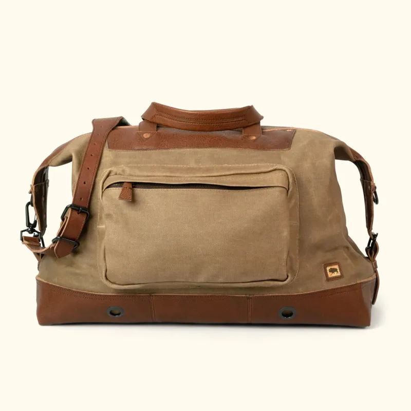 Dakota Waxed Canvas Oversized Weekend Bag | Field Khaki w/ Chestnut Brown Leather sold by Buffalo Jackson