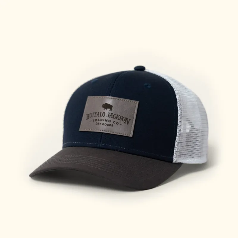 Trucker Leather Gray Patch Hat | Navy and Gray sold by Buffalo Jackson