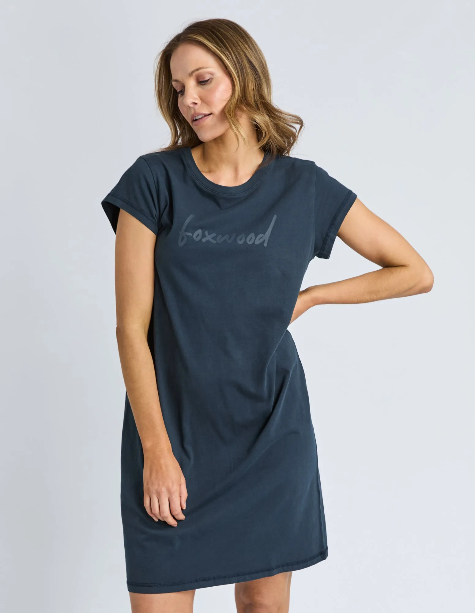 Signature Embroidery Tee Dress Dark Sapphire sold by Foxwood Clothing