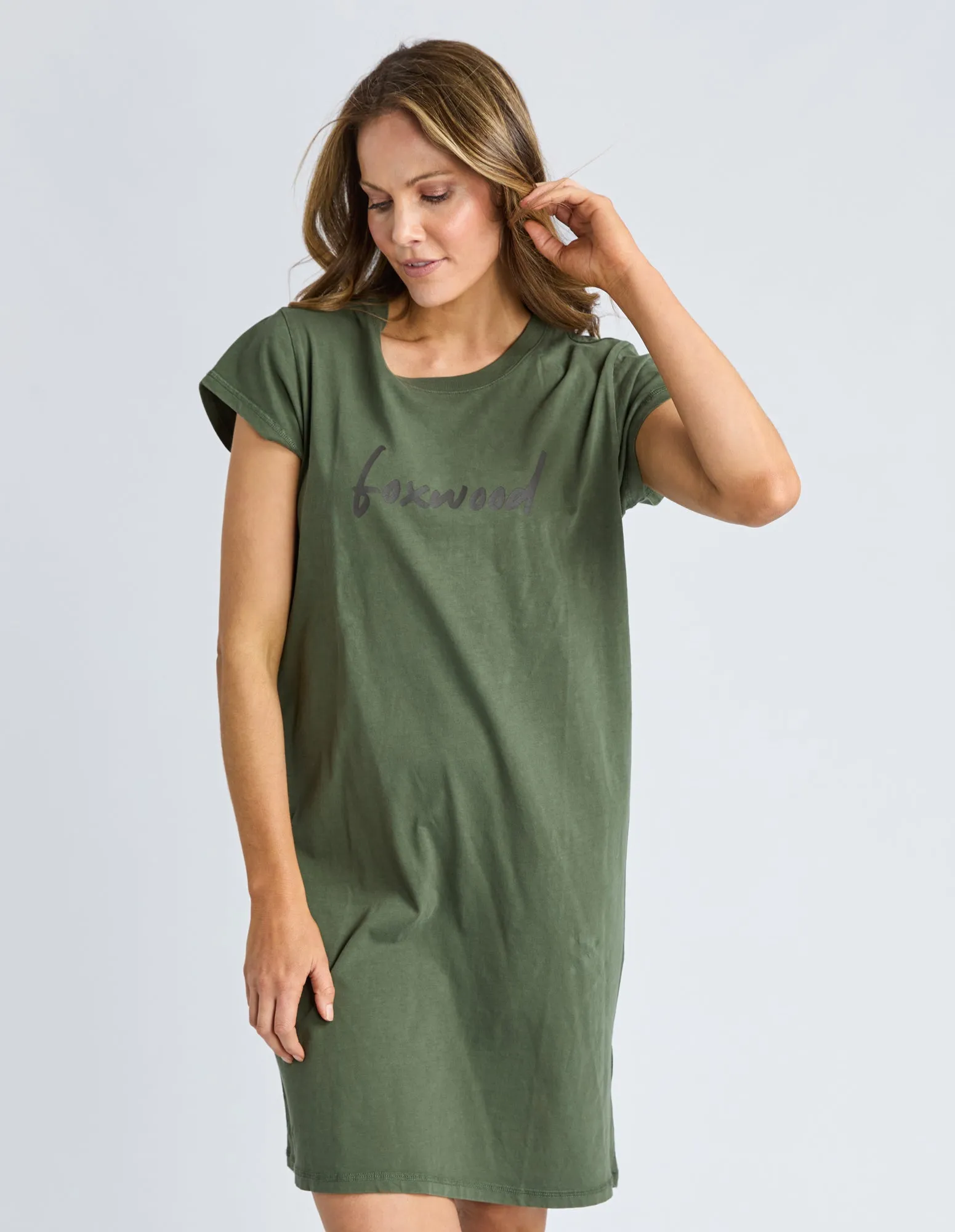 Signature Embroidery Tee Dress Khaki sold by Foxwood Clothing