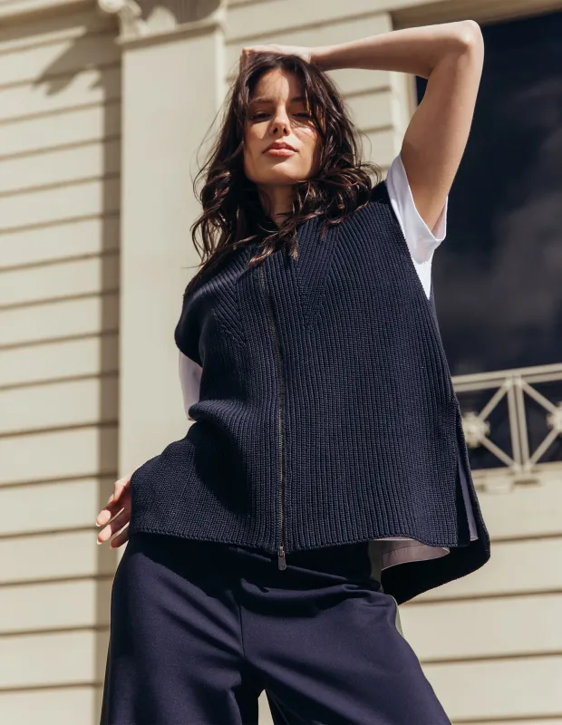 Zip Knit Vest Navy sold by Foxwood Clothing