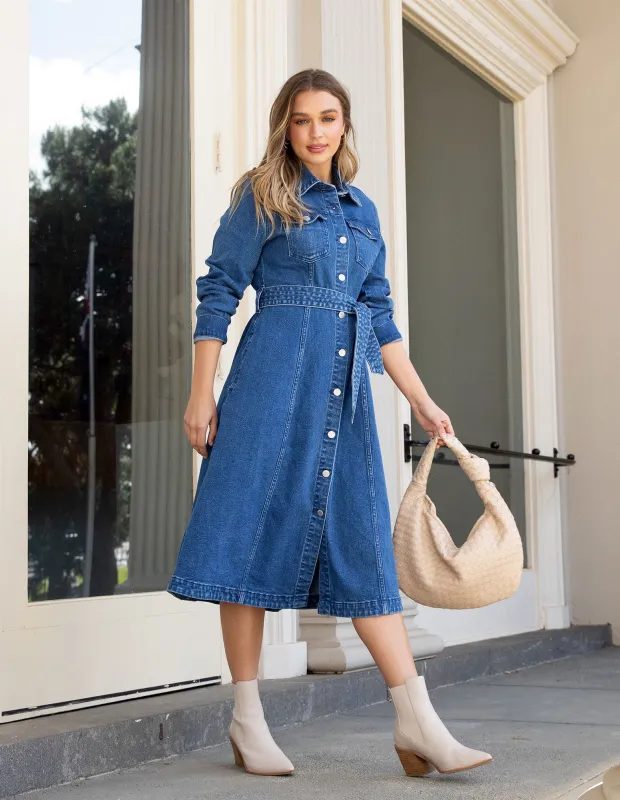 Genevieve Denim Dress Mid Blue sold by Foxwood Clothing