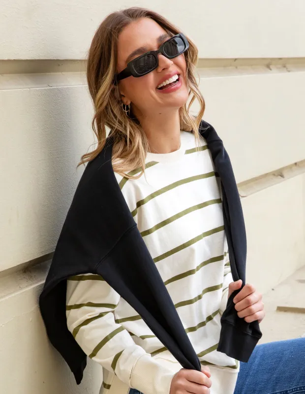 Farrah Stripe Long Sleeve Vintage White & Olive made by Foxwood Clothing