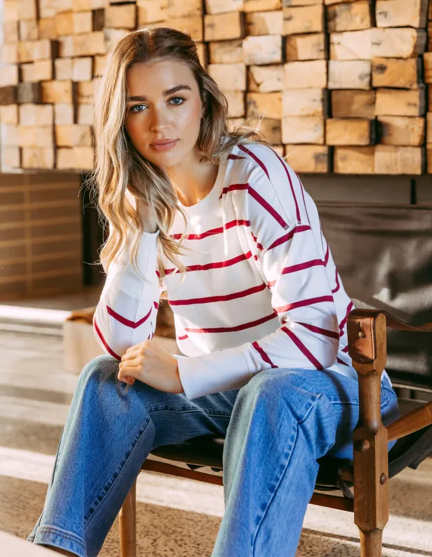 Farrah Stripe Long Sleeve White/Beetroot Red made by Foxwood Clothing