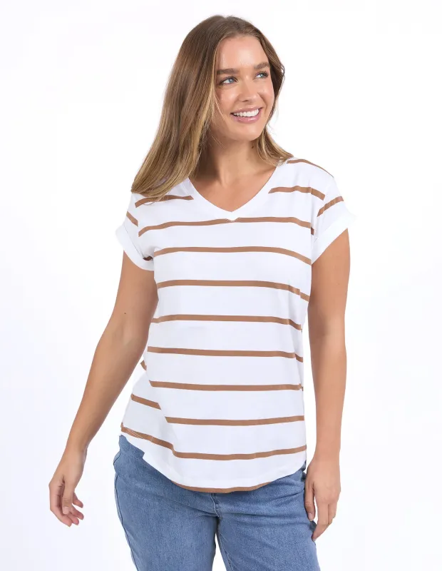 Manly Stripe Vee Tee White/Toasted Coconut sold by Foxwood Clothing