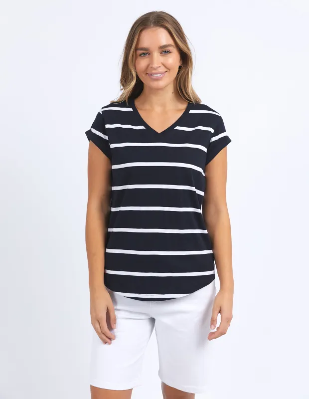 Manly Stripe Vee Tee Dark Sapphire/ White sold by Foxwood Clothing