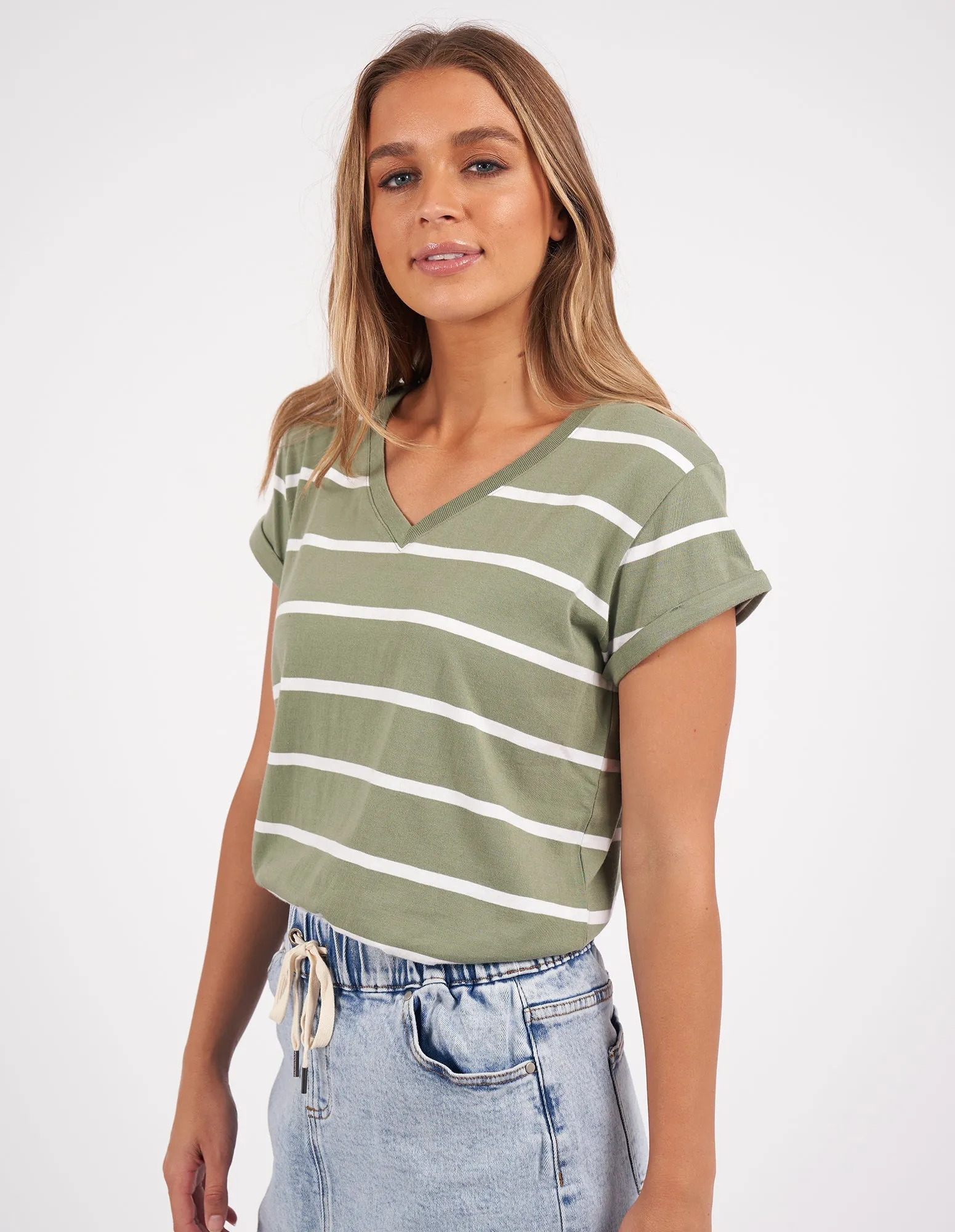 Manly Stripe Vee Tee Sage/White Stripe sold by Foxwood Clothing product image thumbnail 4