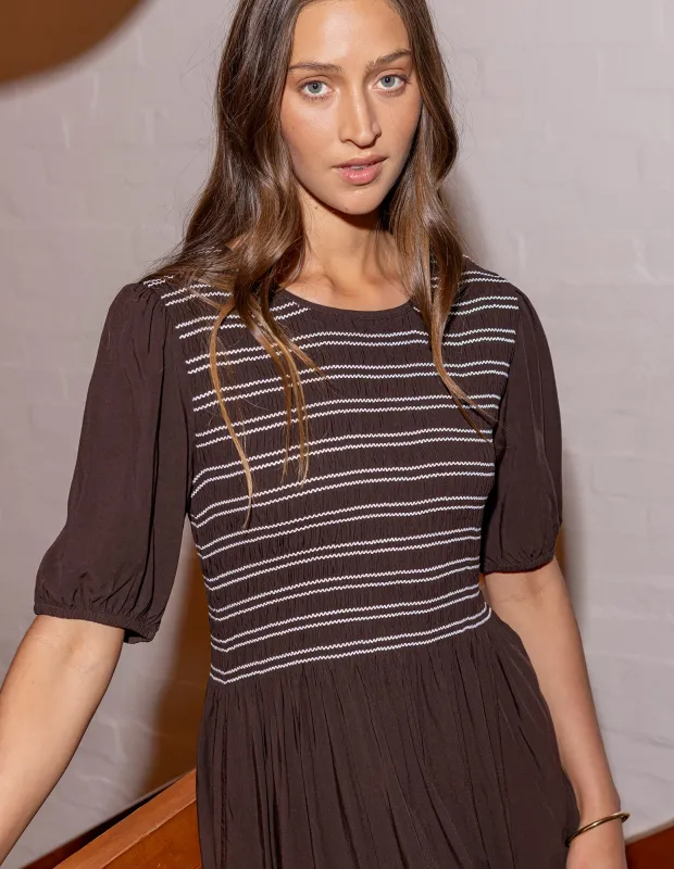 Aria Shirred Dress Chocolate sold by Foxwood Clothing