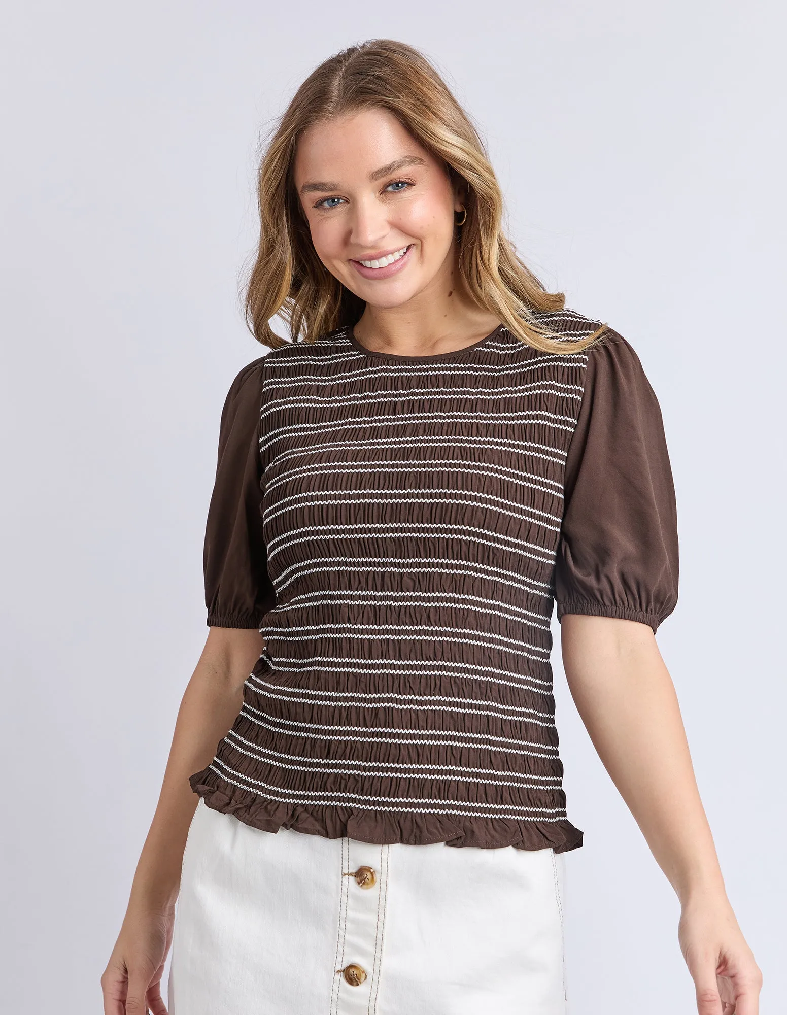Aria Shirred Top Chocolate sold by Foxwood Clothing