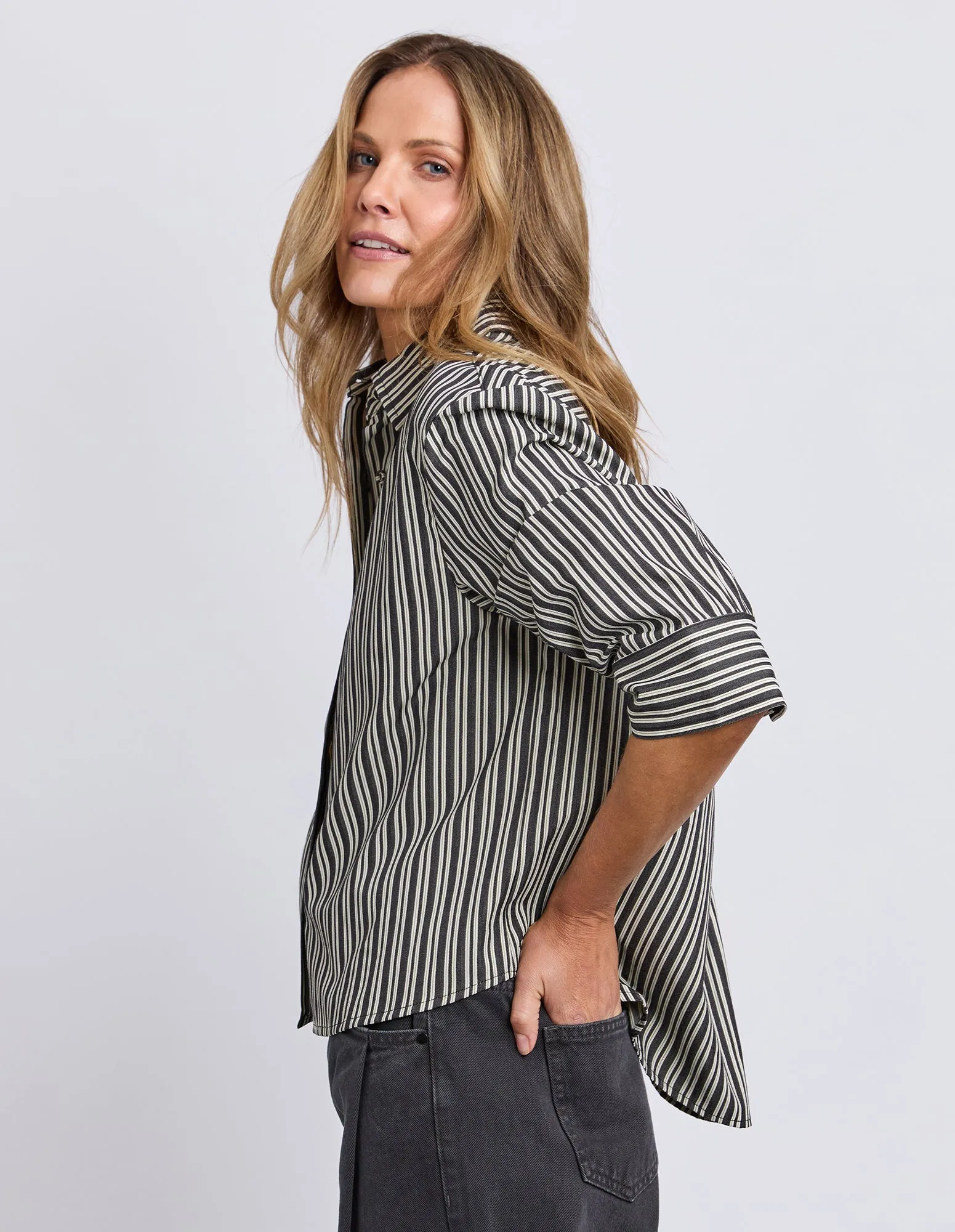 Ramona Crop Shirt Charcoal & White Stripe sold by Foxwood Clothing product image thumbnail 4