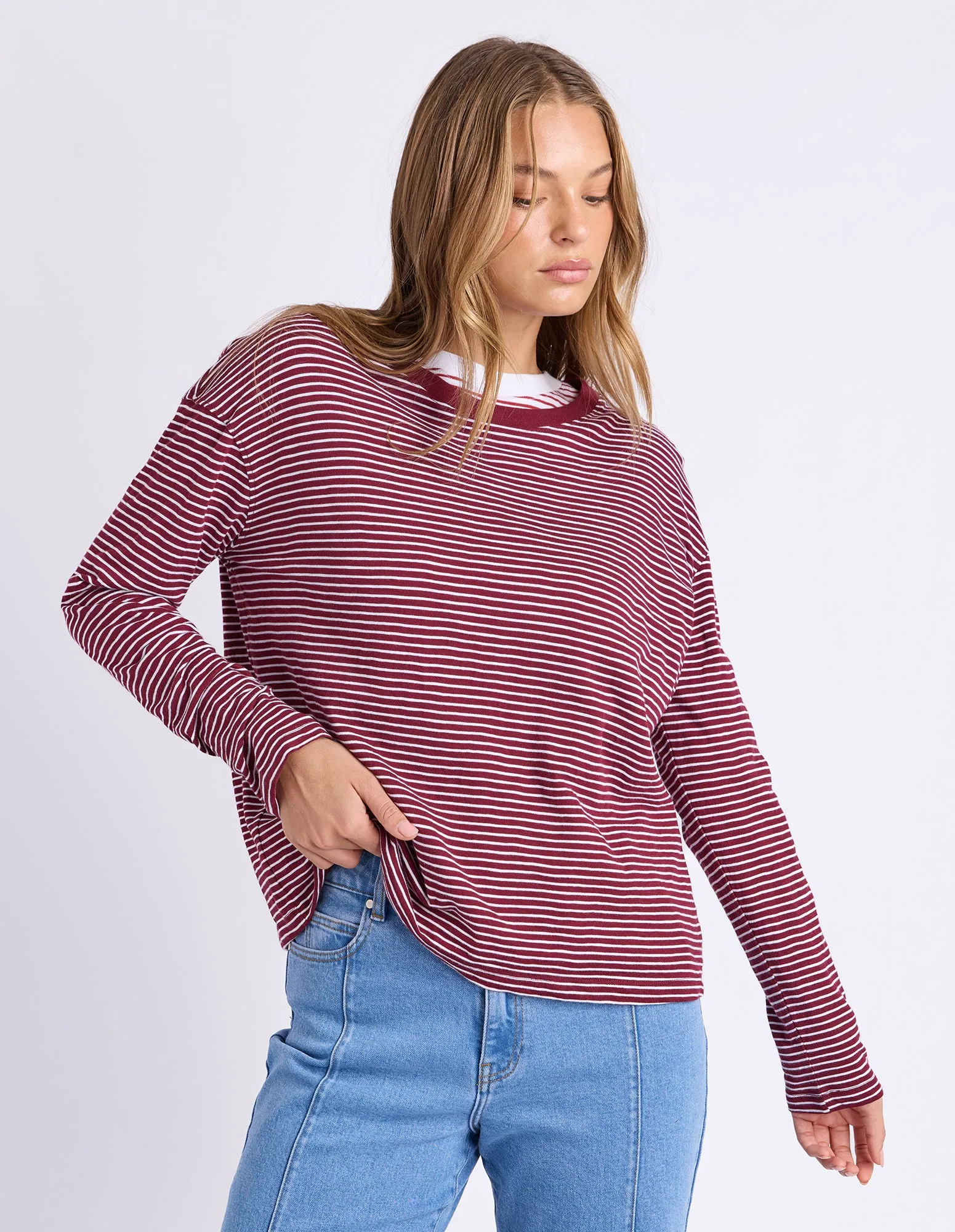 Hutch Long Sleeve Tee Wine/White Stripe sold by Foxwood Clothing