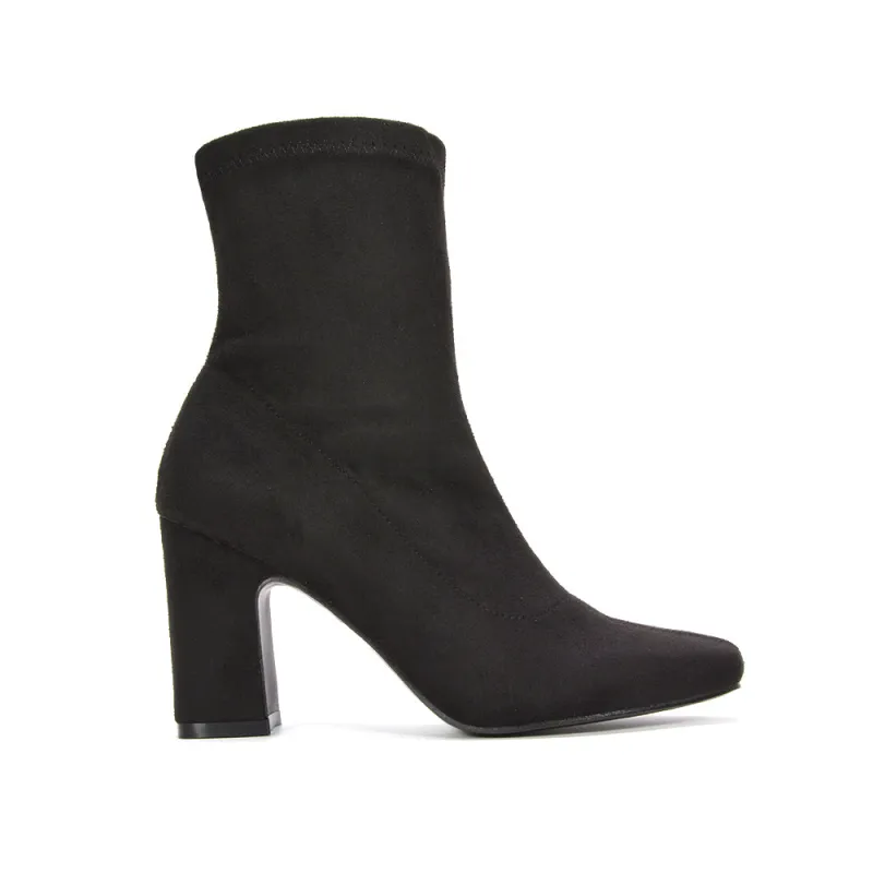 Margaret Stretchy Sock Ankle Boots With Block Heel in Black Faux Suede sold by XYlondon
