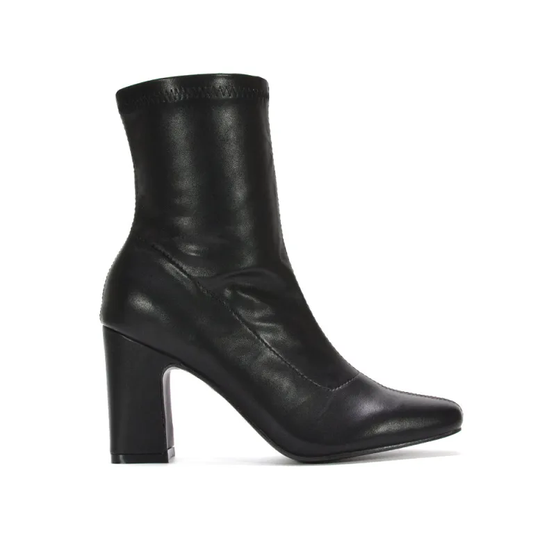 Margaret Stretchy Sock Ankle Boots With Block Heel in Black Synthetic Leather sold by XYlondon