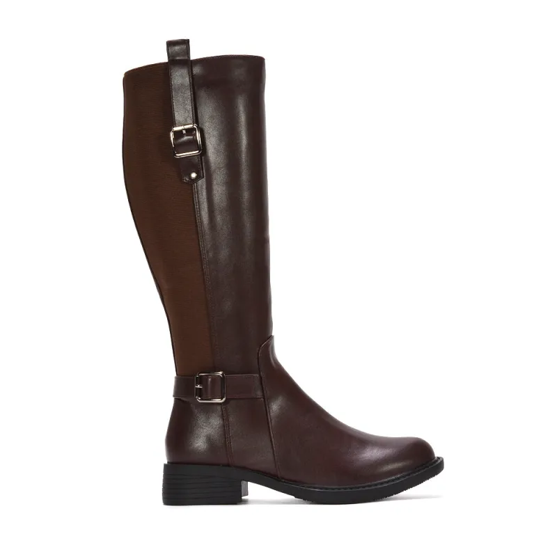Abby Stretchy Calf Leg Flat Low Block Heel Knee High Riding Boots in Brown Synthetic Leather sold by XYlondon