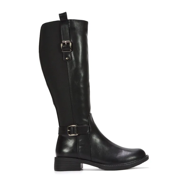 Abby Stretchy Calf Leg Flat Low Block Heel Knee High Riding Boots in Black Synthetic Leather sold by XYlondon