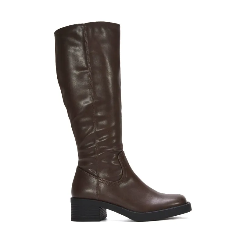 Tana Square Toe Riding Low Block Heel Knee High Biker Boots in Brown Synthetic Leather sold by XYlondon