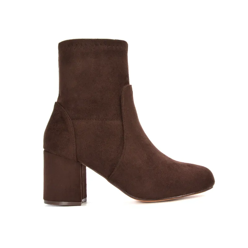 Sophie Block Heel Stretchy Sock Ankle Boots in Brown Faux Suede sold by XYlondon