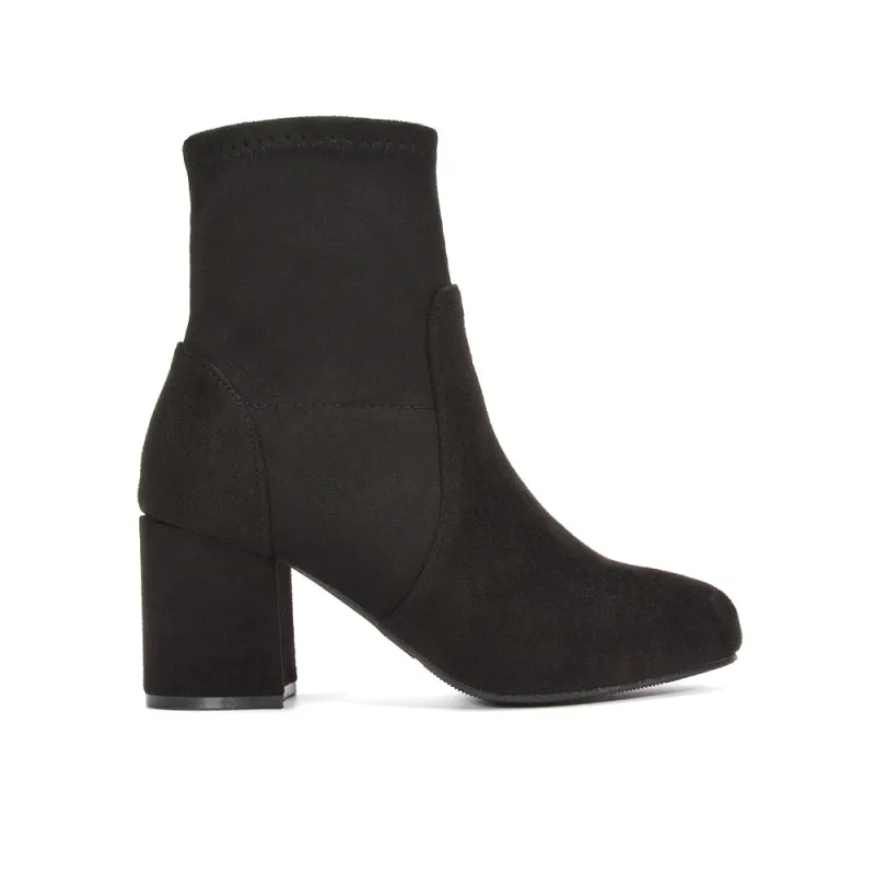 Sophie Block Heel Stretchy Sock Ankle Boots in Black Faux Suede sold by XYlondon