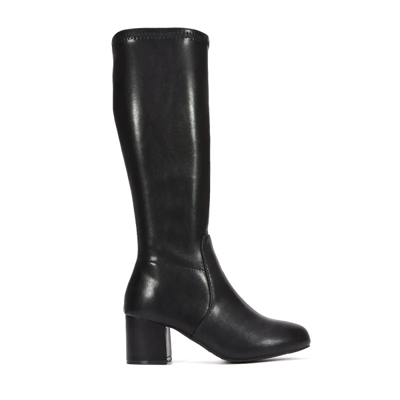 Darcie Block High Heel Stretchy Knee High Boots in Black Synthetic Leather sold by XYlondon