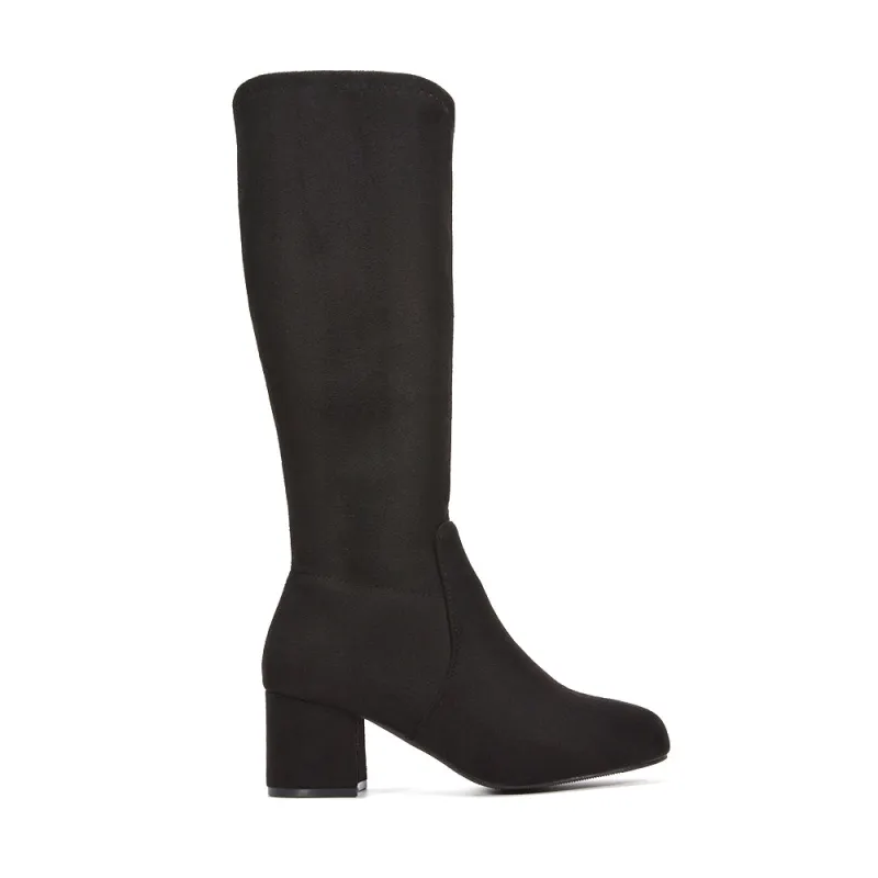 Darcie Block High Heel Stretchy Knee High Boots in Black Faux Suede sold by XYlondon
