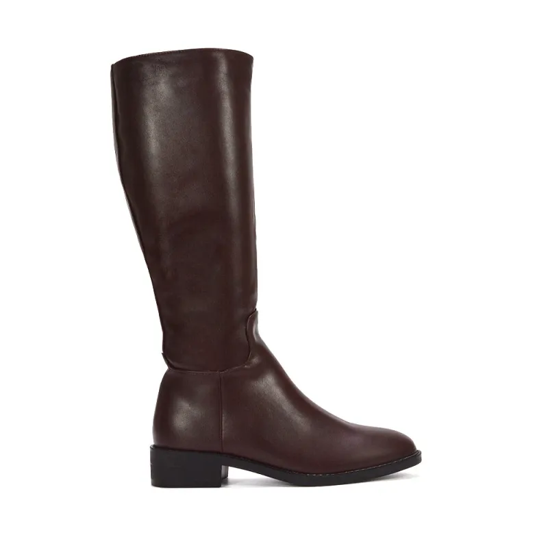 Jasmine Low Block Heel Winter Knee High Long Boots in Brown Synthetic Leather sold by XYlondon