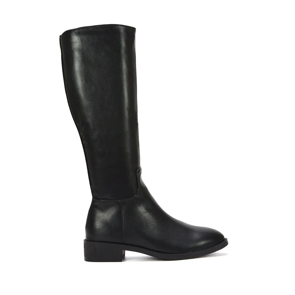 Jasmine Low Block Heel Winter Knee High Long Boots in Black Synthetic Leather sold by XYlondon