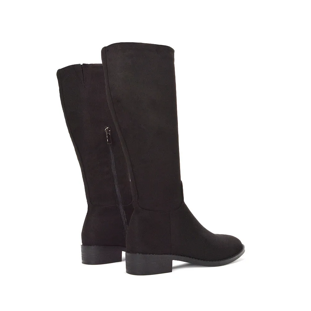 Jasmine Low Block Heel Winter Knee High Long Boots in Black Faux Suede sold by XYlondon product image thumbnail 2