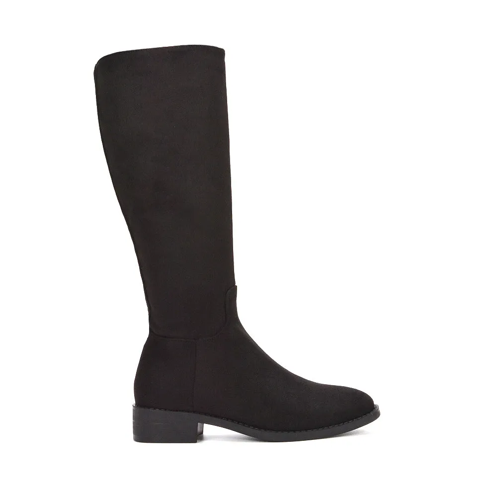 Jasmine Low Block Heel Winter Knee High Long Boots in Black Faux Suede sold by XYlondon