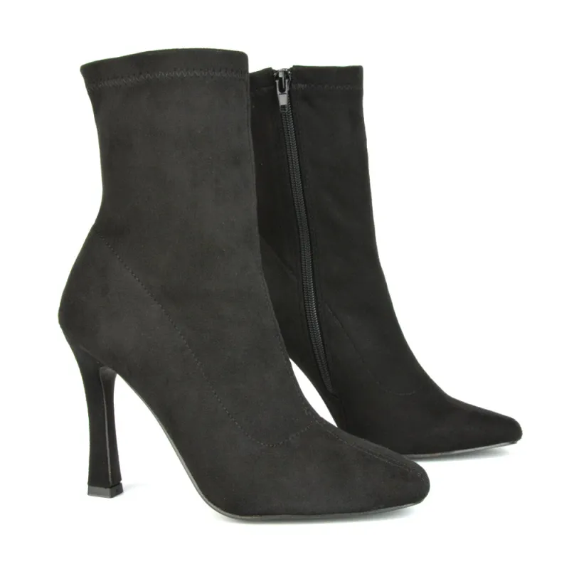 Ryan  Pointed Toe Stiletto High Heels Sock Ankle Boots in Black Faux Suede sold by XYlondon