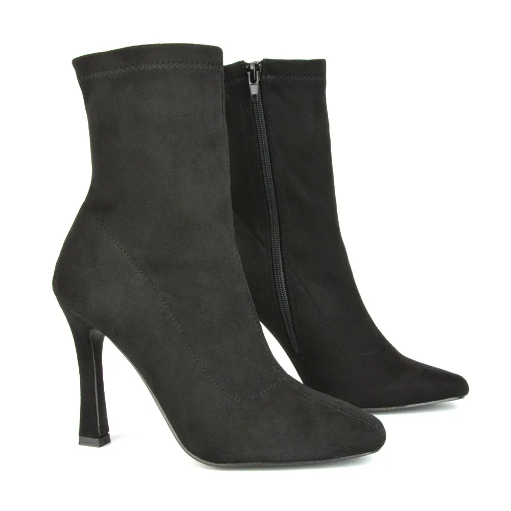 Ryan Pointed Toe Stiletto High Heels Sock Ankle Boots in Black Faux Suede sold by XYlondon