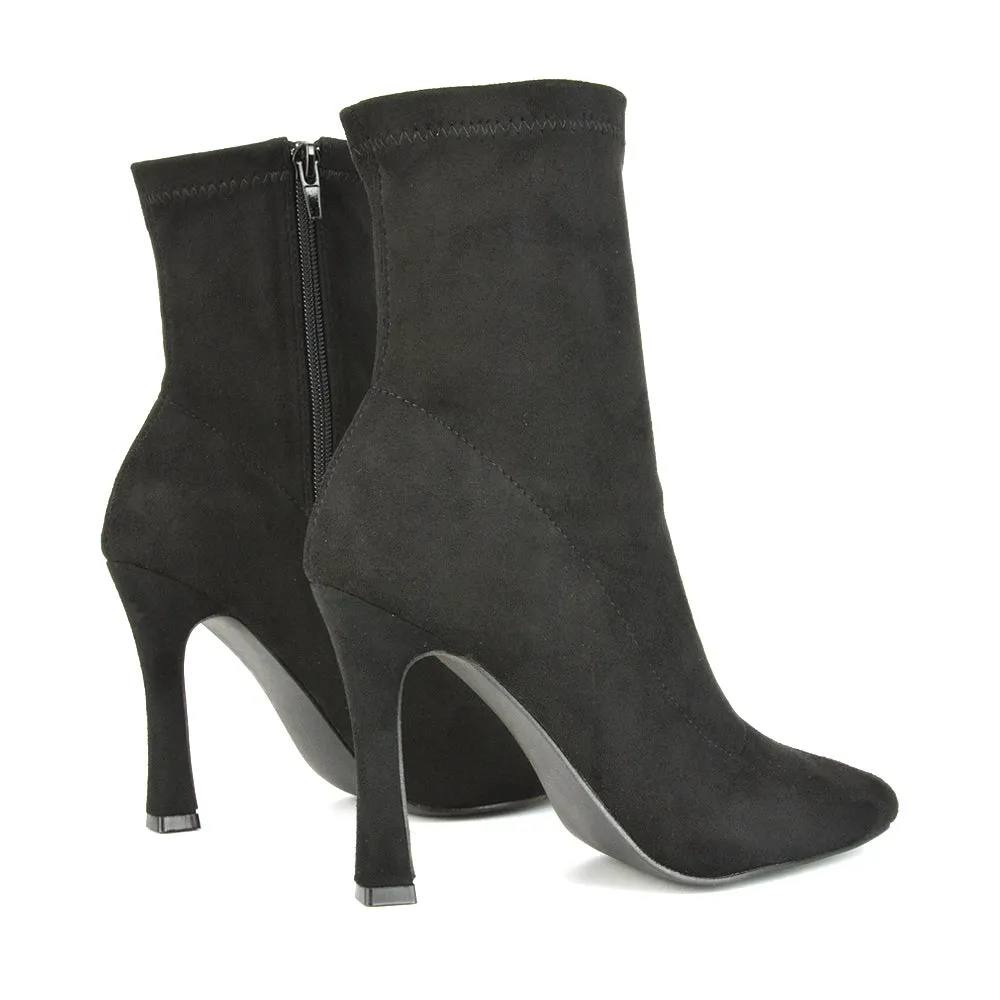 Ryan Pointed Toe Stiletto High Heels Sock Ankle Boots in Black Faux Suede sold by XYlondon product image thumbnail 3